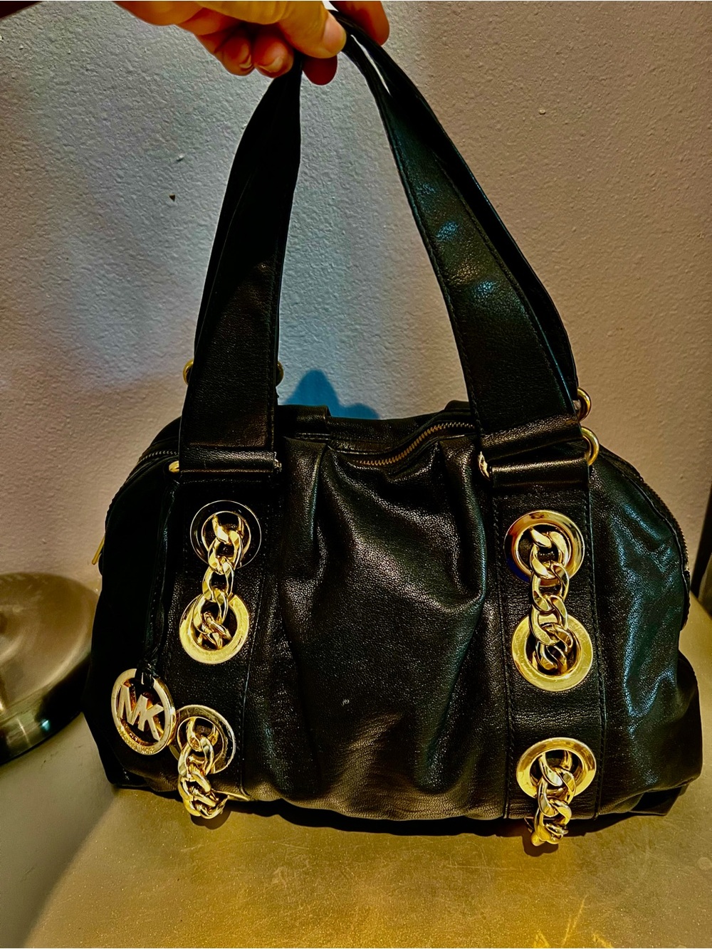 Michael Kors Black Leather Shoulder Bag with Gold Chain Hardware